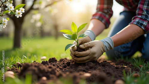 A vibrant spring scene: a gloved gardener plants a young apple tree sapling in fertile soil. Blooming trees surround the area, sunlight filters through the branches, and the fresh scent of spring fill