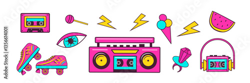Set of colorful elements 80s 90s. Boombox, rollers, cassette, lollipop ring pop and cassette player isolated on whate background. Vector illustration.