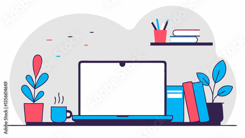 AI Generated vector home workspace scene with laptop, steaming mug, bookshelf, books, and indoor plants on light gray background ideal for productivity, online learning, creative illustration themes
