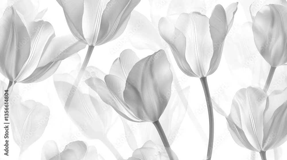 A seamless pattern of delicate, translucent tulip flowers in monochrome gray on a white background. A seamless pattern of delicate, translucent tulip flowers in monochrome gray on a white background.