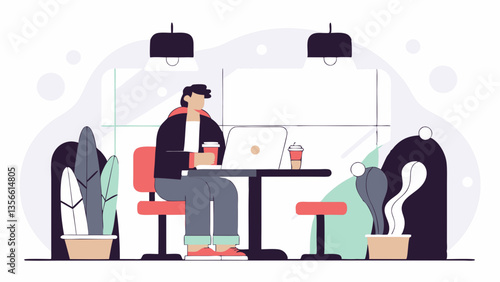 AI Generated vector remote work scene showing person with coffee and laptop seated at modern table between plants and pendant lights ideal for freelance lifestyle, productivity, and cozy cafe visuals