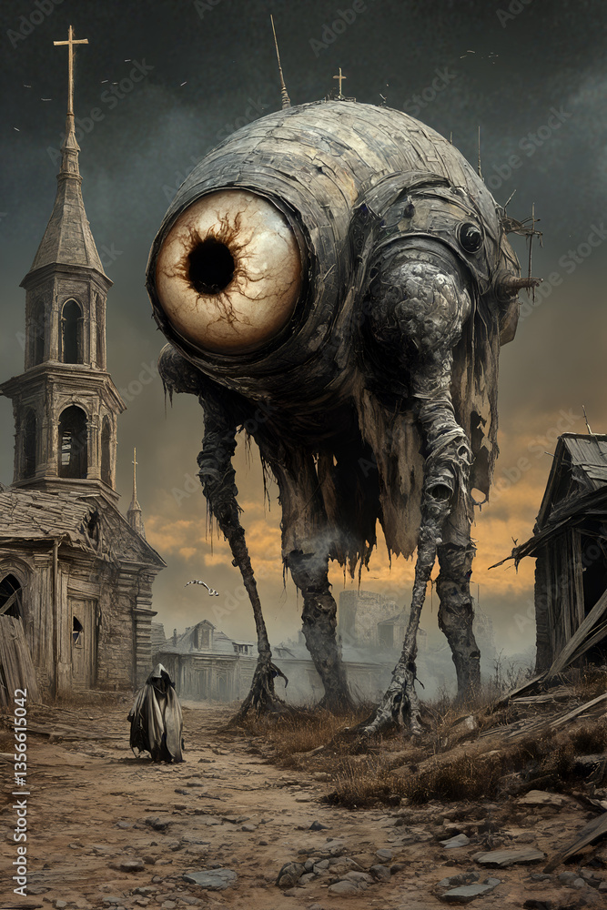 Giant monstrous eye creature in post-apocalyptic ruins with medieval architecture