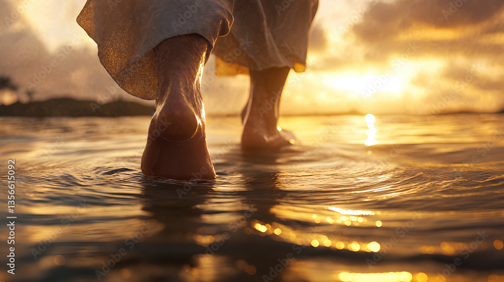 Miraculous scene of jesus christ walking on water at sunset - biblical inspiration and spiritual reflection