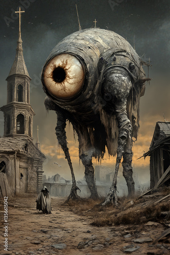 Obraz na płótnie Giant monstrous eye creature in post-apocalyptic ruins with medieval architecture w salonie