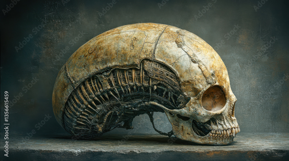 Futuristic mechanical human skull with intricate metallic designs showcasing a blend of organic and technological elements on grunge background