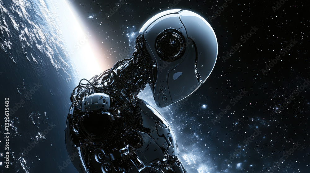 Futuristic humanoid robot in space with earth background showcasing advanced technology and cosmic exploration in a celestial environment