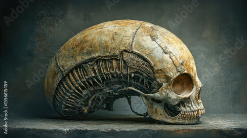 Obraz na płótnie Futuristic mechanical human skull with intricate metallic designs showcasing a blend of organic and technological elements on grunge background w salonie