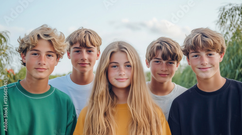 Smiling group of teenagers outdoors against cloudy sky and green background