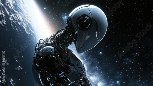 Futuristic humanoid robot in space with earth background showcasing advanced technology and cosmic exploration in a celestial environment