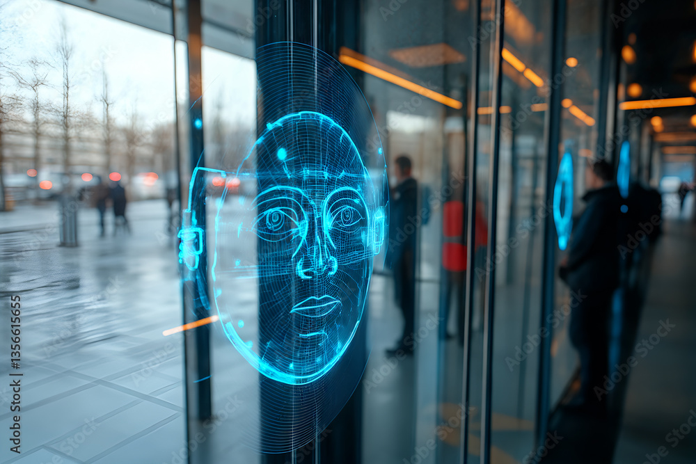 Futuristic facial recognition technology in urban environment with digital overlay