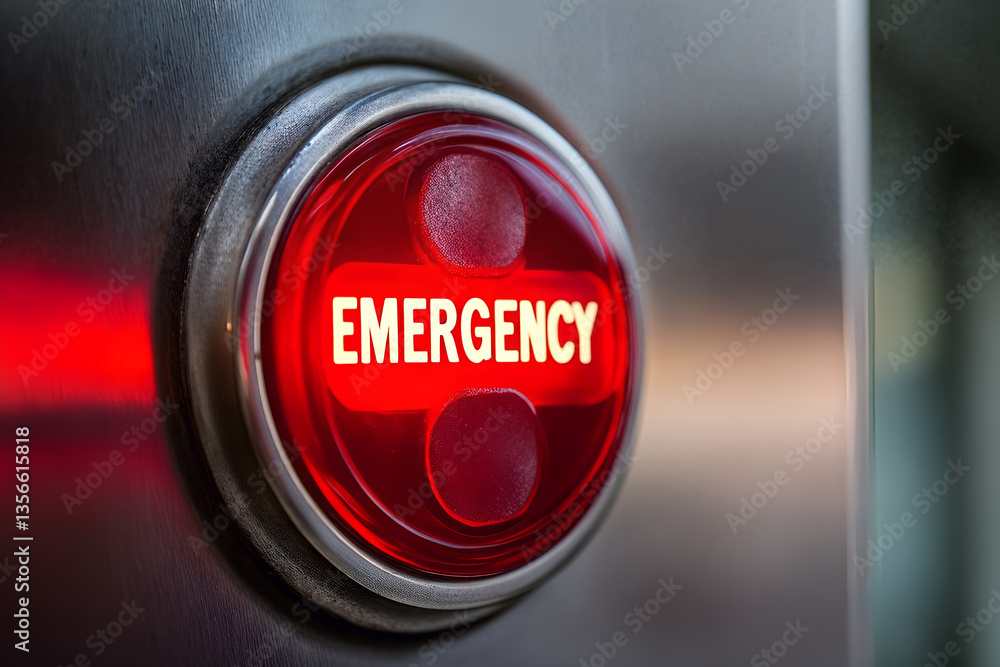 Close-up of red emergency button with illuminated light on metallic surface for safety alert and urgent response