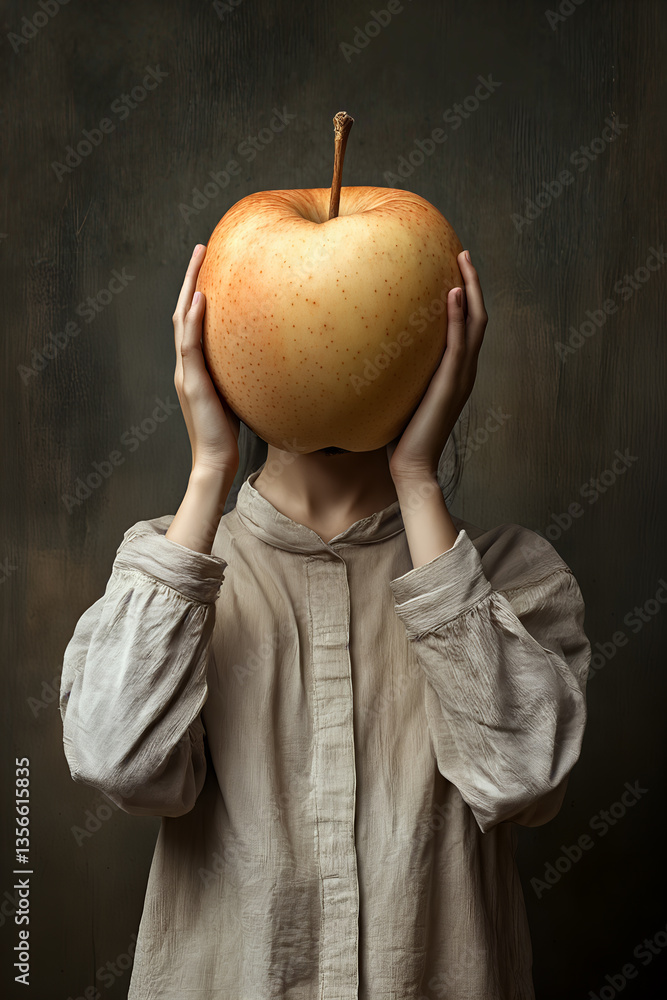 Woman holding giant apple in front of face against dark background with hands covering
