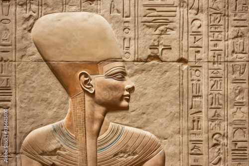 Ancient egyptian hieroglyphics and stone carving depicting historical figure with large headdress in profile view
