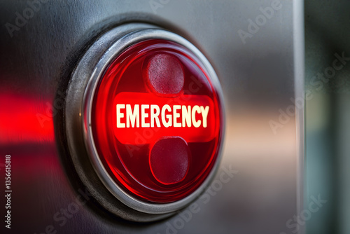 Obraz na płótnie Close-up of red emergency button with illuminated light on metallic surface for safety alert and urgent response w salonie