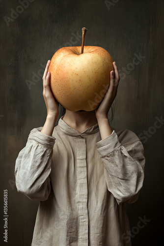 Obraz na płótnie Woman holding giant apple in front of face against dark background with hands covering w salonie