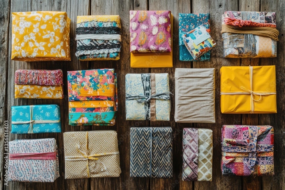 Fototapeta premium Collection of beautifully wrapped gifts with various colorful patterns and textures displayed on a rustic wooden surface.