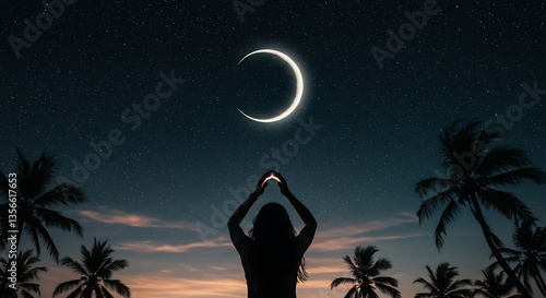 Silhouetted figure with hands raised, crescent moon, and starry night sky