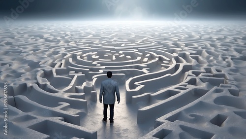 A lone person in a suit stands in the middle of a vast