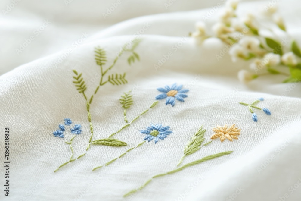 Delicate floral embroidery on white fabric, showcasing blue and yellow flowers with green stems. Delicate floral embroidery on white fabric, showcasing blue and yellow flowers with green stems.