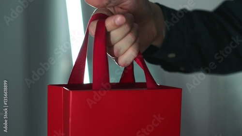 Red gift bag in a person's hands.
Red paper bag.
Gift in a man's hands.
Present in a red bag