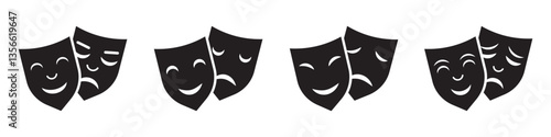 Theater masks icons set. Human emotions, feelings and drama. Vector isolated on white.