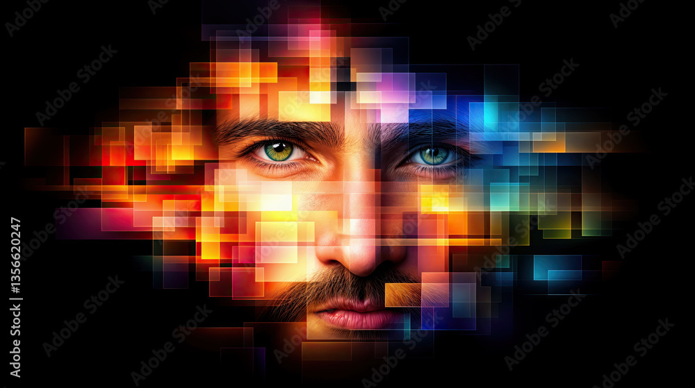 A man's face, overlaid with vibrant digital squares, creating a striking visual representation of the intersection of human and technology.