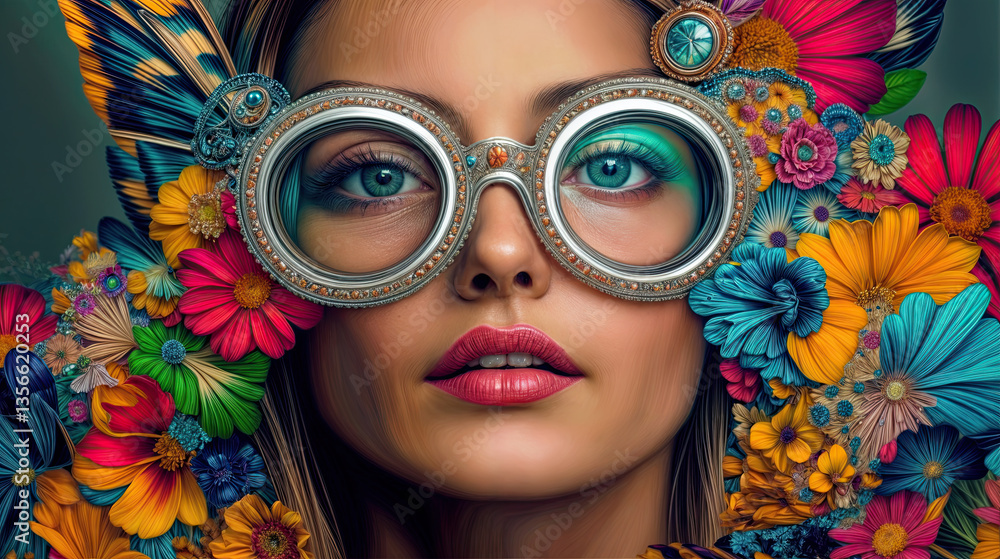 Close-up portrait of a woman with large, decorative glasses and a headpiece of meticulously arranged flowers.