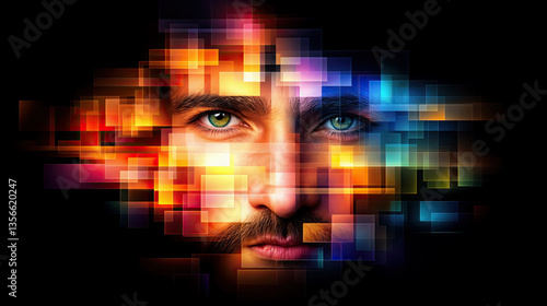 Obraz na płótnie A man's face, overlaid with vibrant digital squares, creating a striking visual representation of the intersection of human and technology. w salonie