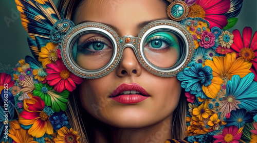 Obraz na płótnie Close-up portrait of a woman with large, decorative glasses and a headpiece of meticulously arranged flowers. w salonie