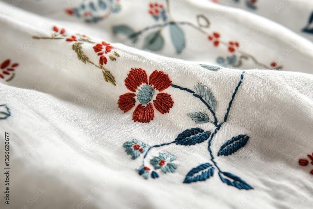 Close-up of delicate floral embroidery on white fabric, showcasing intricate hand stitching and pastel colors. Close-up of delicate floral embroidery on white fabric, showcasing intricate hand stitching and pastel colors.