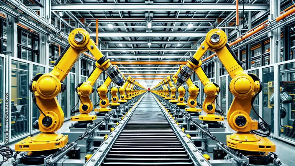 Industrial yellow robotic arms along conveyor belt in automated ...