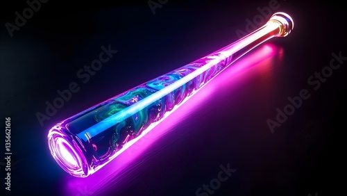 A glowing, colorful bat with a swirling, liquid-like design and neon lighting effects on a dark background. Concept Glowing Bat Design, Colorful Neon Effects, Liquid-Like Texture