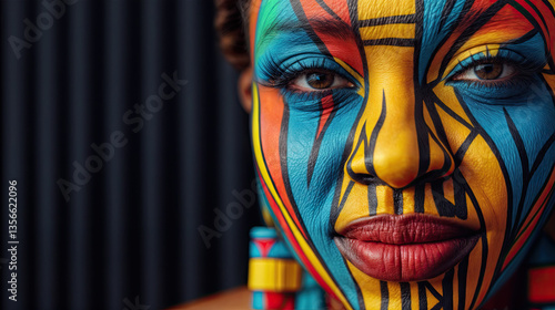 Close-up portrait of a woman with vibrant, geometric face paint.