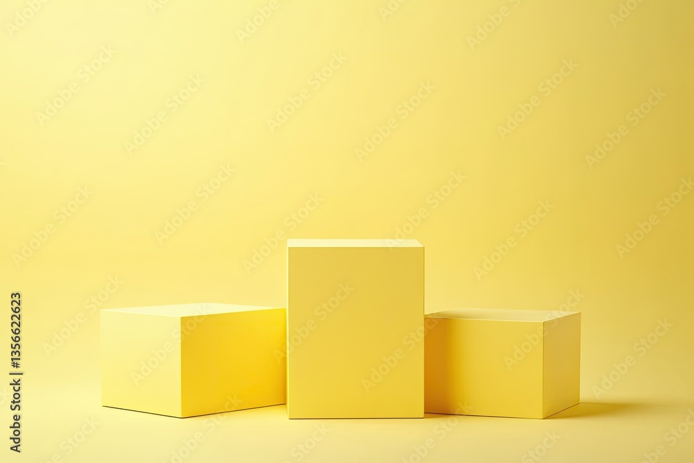Fototapeta premium Three yellow cubic display stands on a pastel yellow background
