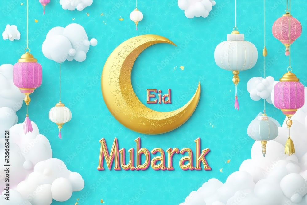 Naklejka premium Eid mubarak celebration with golden moon lanterns and fluffy clouds on a turquoise background
