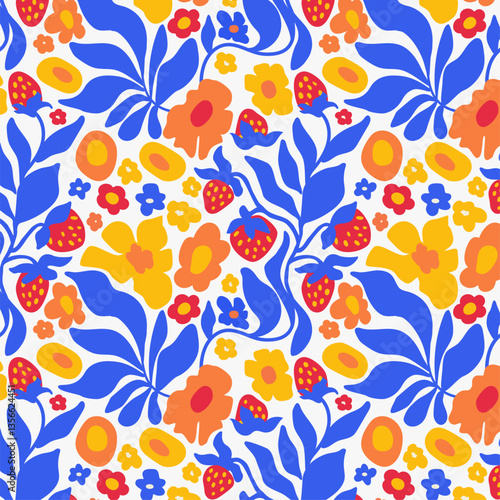 bright strawberry and flowers boho seamless pattern, isolated background, cover, textile, fabric, clothing, modern, vector