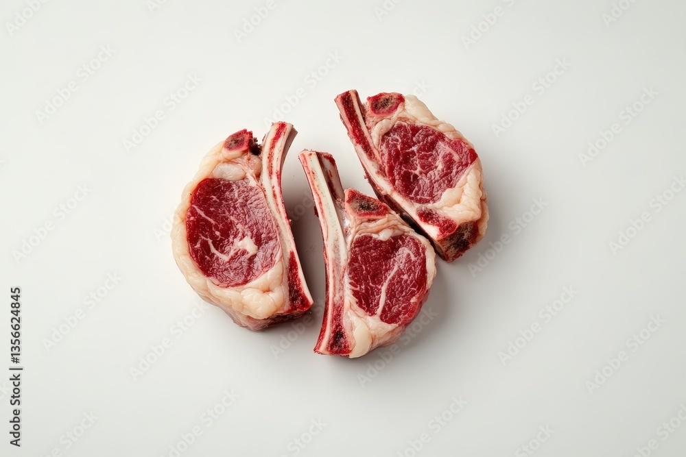 Several raw lamb chops arranged on a clean white surface perfectly Several raw lamb chops arranged on a clean white surface perfectly