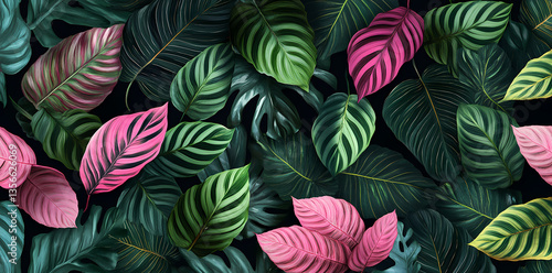 Wallpaper Mural Vibrant Tropical Foliage: A captivating close-up showcases an array of vivid tropical leaves in various shades of green and pink. Torontodigital.ca