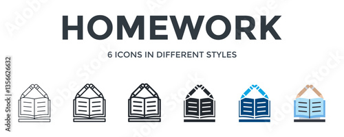 Homework Icon In Different Style Vector Illustration. Designed In Thin Line, Regular Line, Bold Line, Glyph, Color Fill, And Flat Style Can Be Used For Web