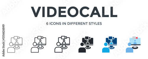 Videocall Icon In Different Style Vector Illustration. Designed In Thin Line, Regular Line, Bold Line, Glyph, Color Fill, And Flat Style Can Be Used For Web