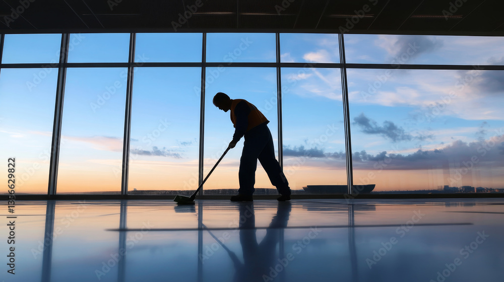 Fototapeta premium Cleaning staff member sweeps polished floor at a modern building during sunset with large windows illuminating the space