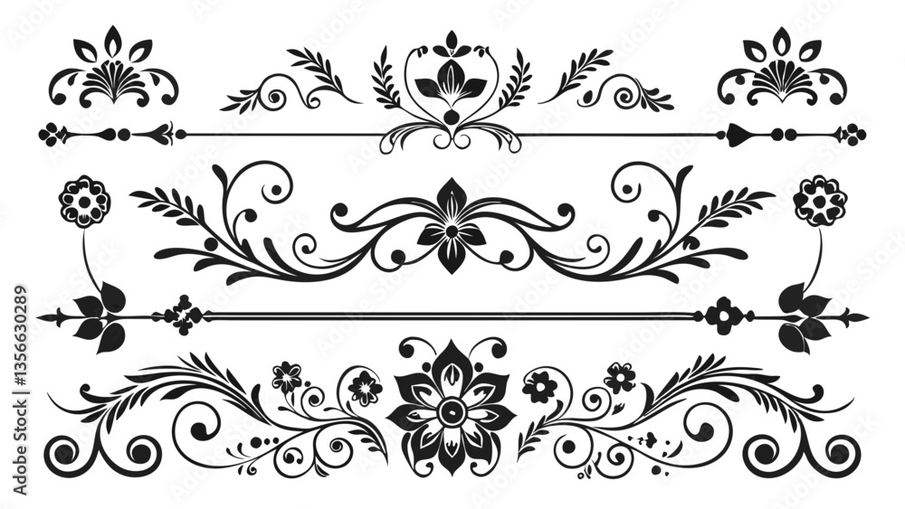 AI generated flat vector elegant border lines with ornamental swirl floral dividers in a decorative silhouette style. AI generated flat vector elegant border lines with ornamental swirl floral dividers in a decorative silhouette style.