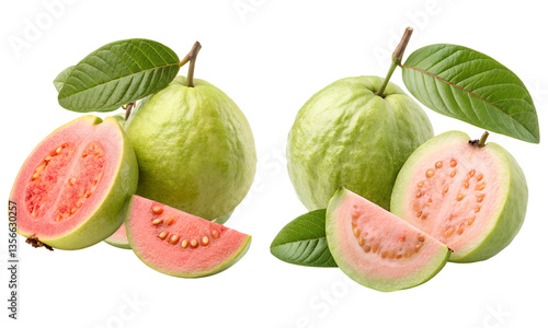Guava fruit with leaves isolated, Fresh fruits collection, Collection set of whole and half pink guava with leaf isolated