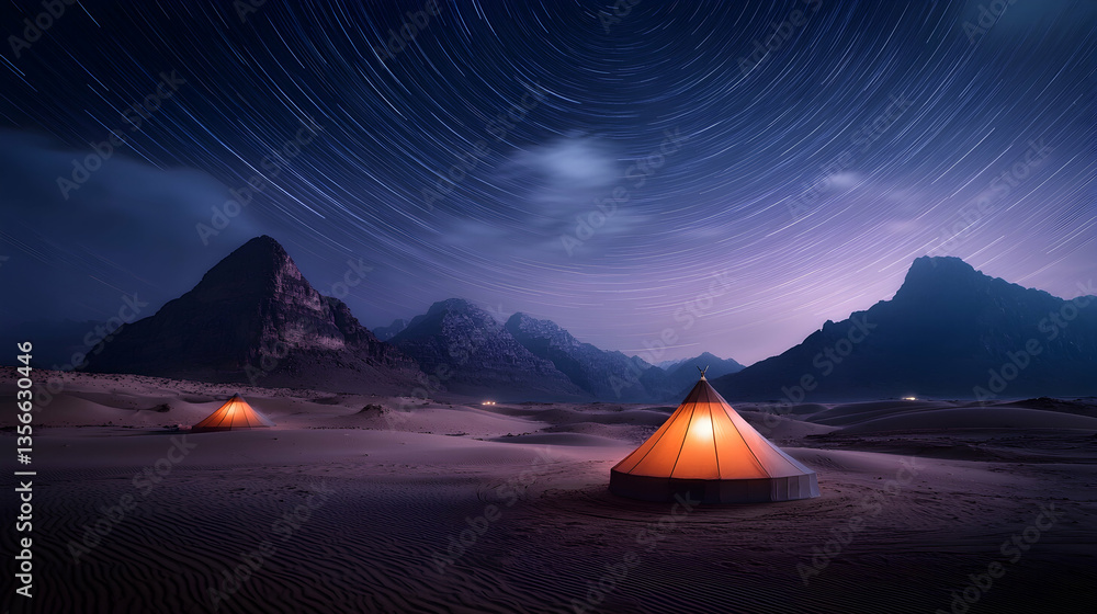 Desert Night Landscape with Starry Sky and Illuminated Tents Desert Night Landscape with Starry Sky and Illuminated Tents