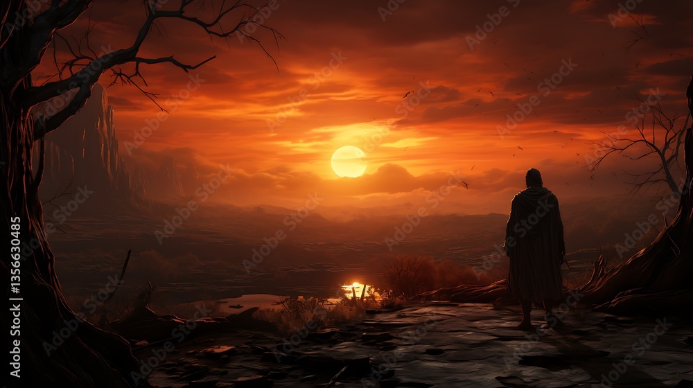 Fototapeta premium Solitary Figure at Sunset: A digital painting of a lone person silhouetted against a fiery sunset over a desolate landscape, conveying a sense of peace and contemplation.