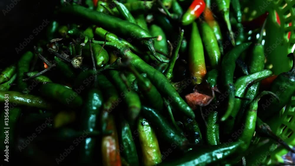 Close-up of Green Chili Peppers in a Basket, Close-up of a pile of green chili peppers in a basket