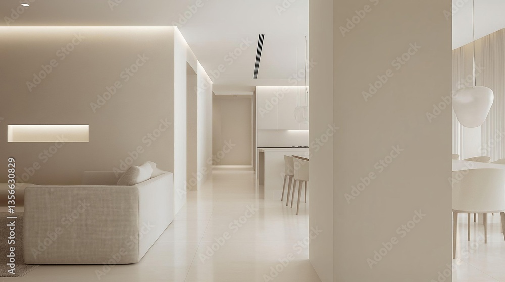 Fototapeta premium Modern and minimalist living room and dining area. the room has a long, narrow corridor with white walls and flooring.