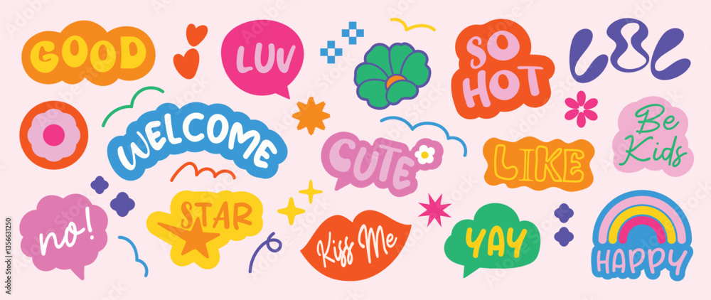 Set of doodle and speech bubble vector. Collection of contemporary figure, speech bubble with text good, like, so hot, happy, kiss me. Chat design element for banner, print, sticker. Set of doodle and speech bubble vector. Collection of contemporary figure, speech bubble with text good, like, so hot, happy, kiss me. Chat design element for banner, print, sticker.