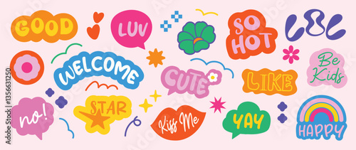 Set of doodle and speech bubble vector. Collection of contemporary figure, speech bubble with text good, like, so hot, happy, kiss me. Chat design element for banner, print, sticker.