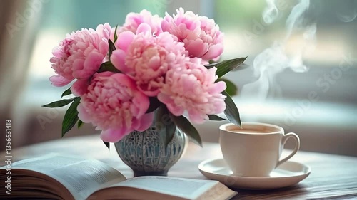 Charming bouquet of pink peonies in a vase beside a steaming cup of coffee